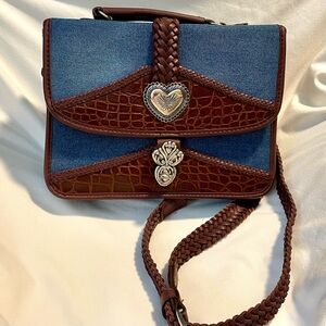 *VINTAGE* BRIGHTON Blue Denim & Crocodile Textured Leather Crossbody - Suede In